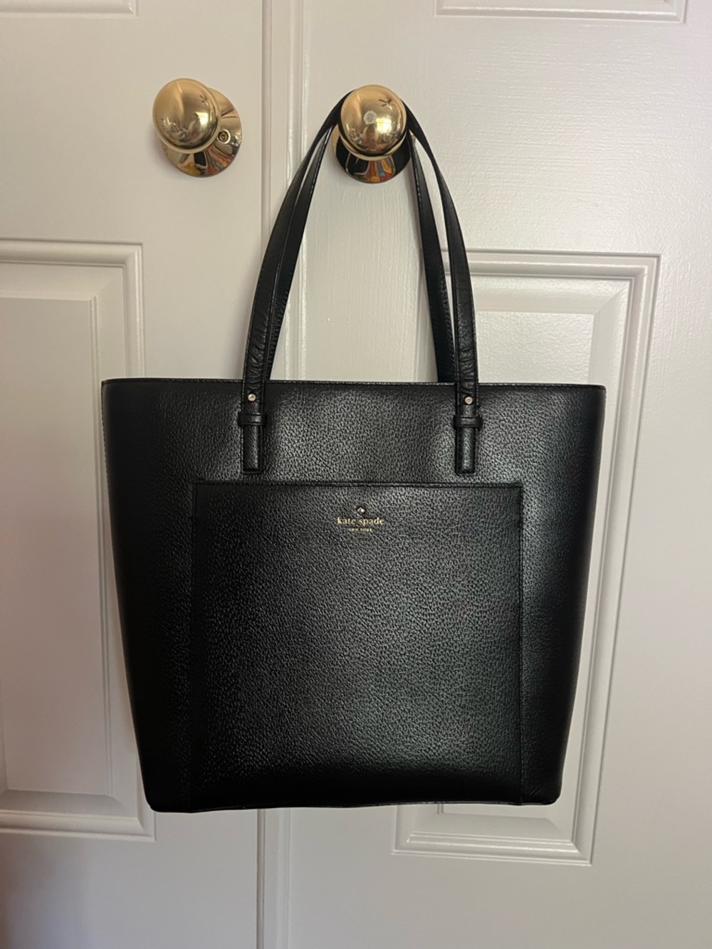 kate spade black pebbled leather tote with gold logo
